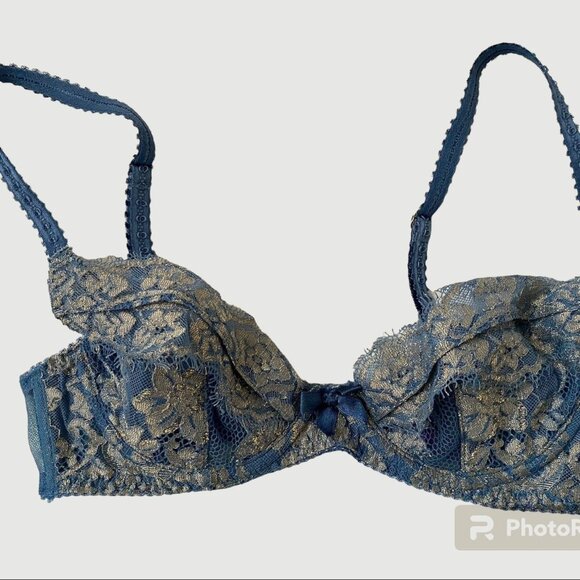 L'Agent by Agent Provocateur Blue & Gold Lace Bra and Thong Panty Lingerie Set